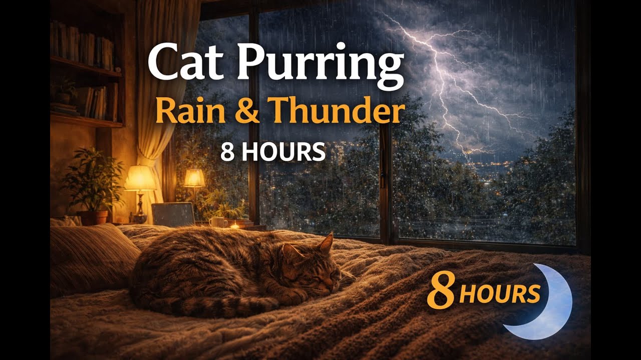 Cat Purring with Rain & Thunderstorm | 8 Hours of Relaxing Sleep sound 🐱🌙