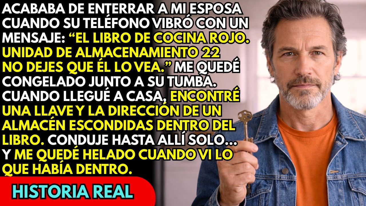 Acababa de enterrar a mi esposa cuando su móvil vibró: “El libro rojo. Trastero 22.” Me quedé helado