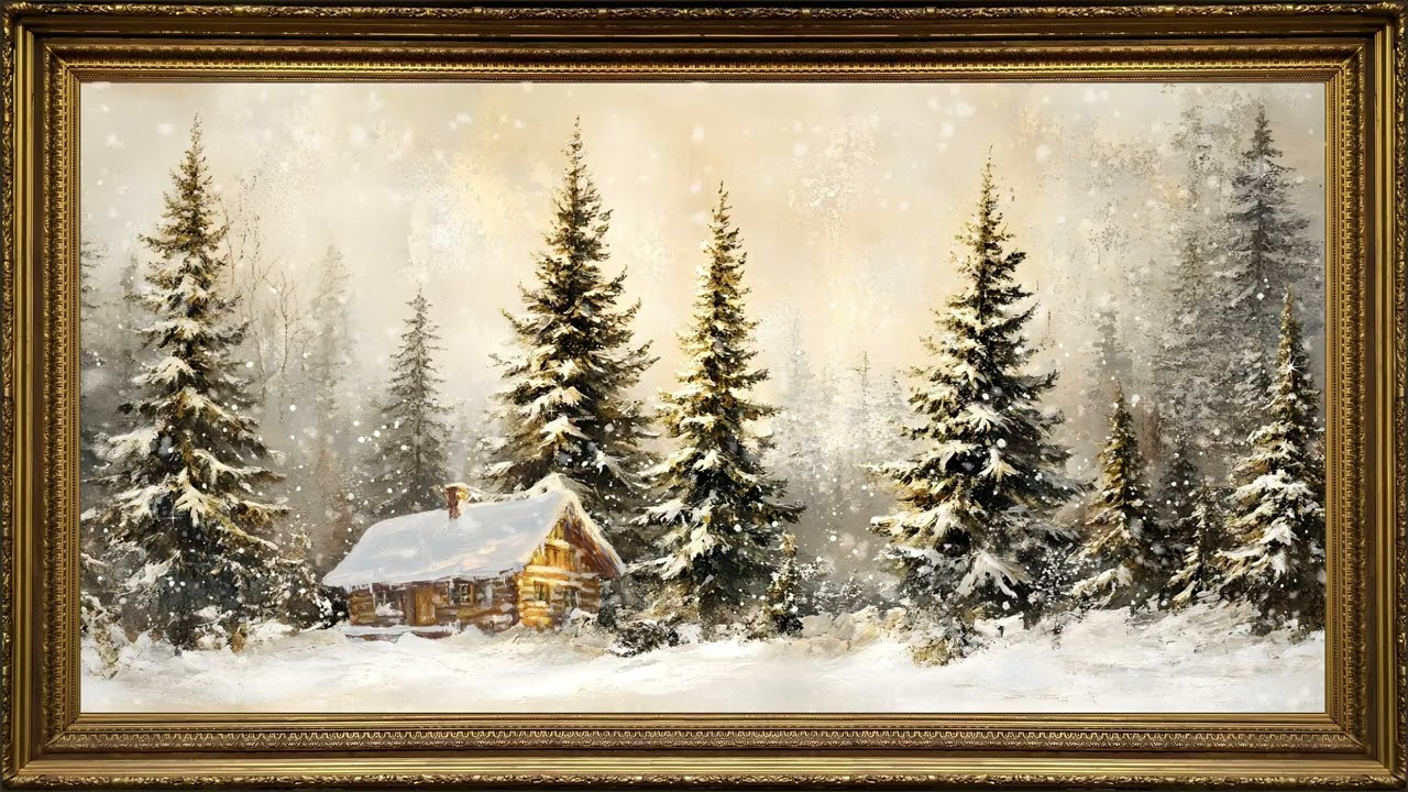 Calm Winter Home, Vintage Oil Painting | Gold Framed TV Art Screensaver with Relaxing Music