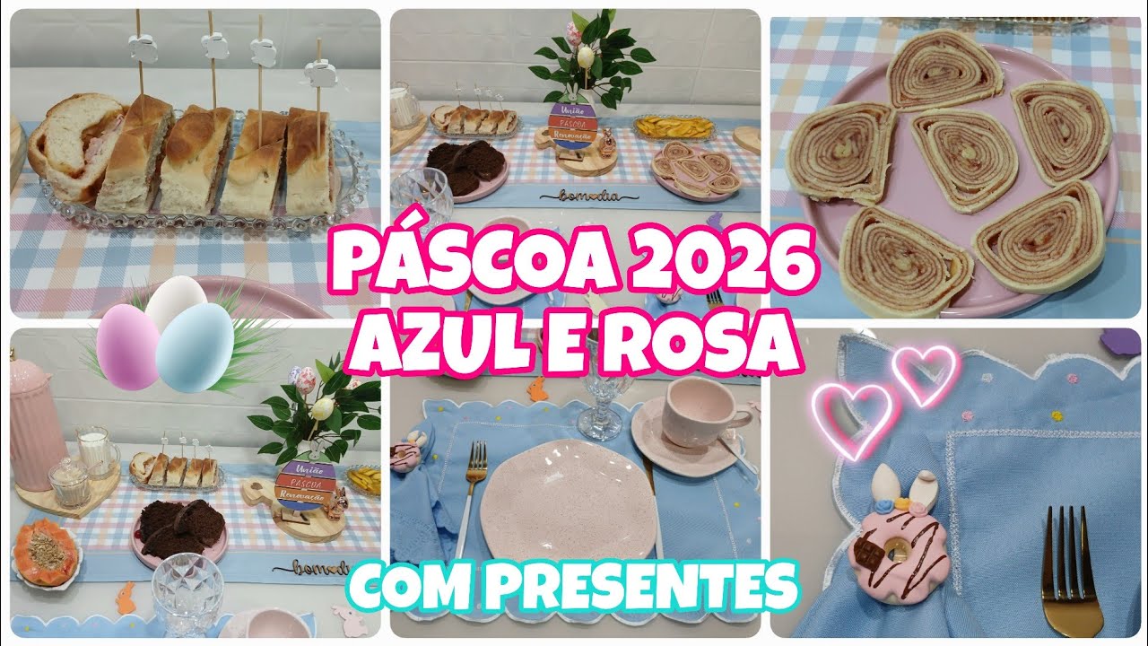 MESA POSTA DE PÁSCOA NO AZUL E ROSA PARA O CAFÉ DA MANHÃ 