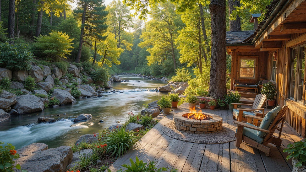 Calming Spring Forest Riverside with Gentle River & Fireplace Sounds 🌺Tranquil Piano Music for Calm