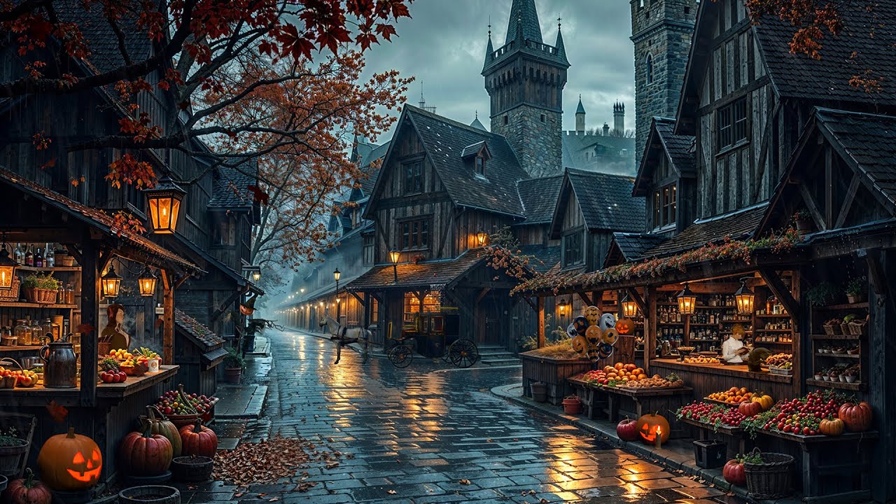 Cozy Victorian Village Halloween Ambience 🎃Gentle Night Rain, Rain Sounds for Sleeping - Rain Asmr