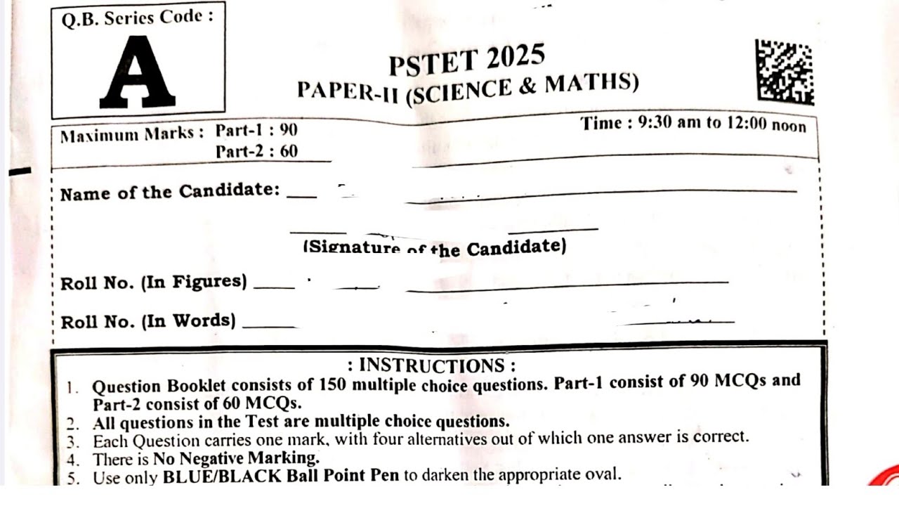 Pstet 2025 Exam|Paper 2 (Science & maths) question paper with answer key Code A|Exam held on 15/3/26