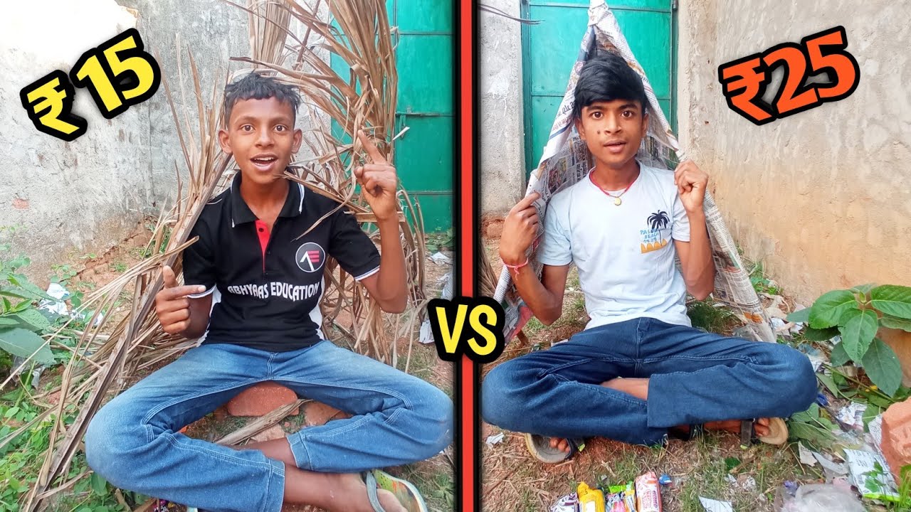 Paper house vs coconut dry leaf house overnight survival challenge // low to high budget challenge