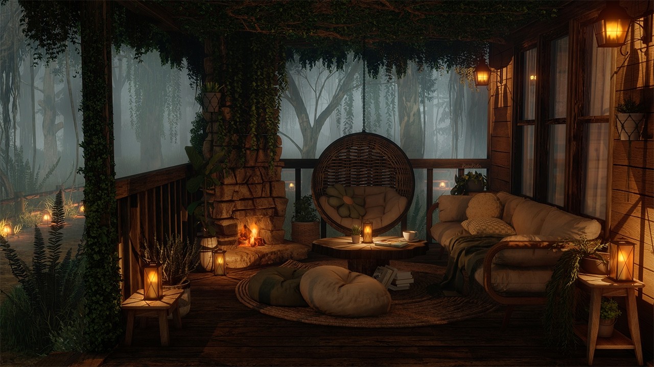 Cozy Cabin Porch Ambience – Crackling Fireplace & Soothing Rain Sounds for Deep Sleep and Relaxation
