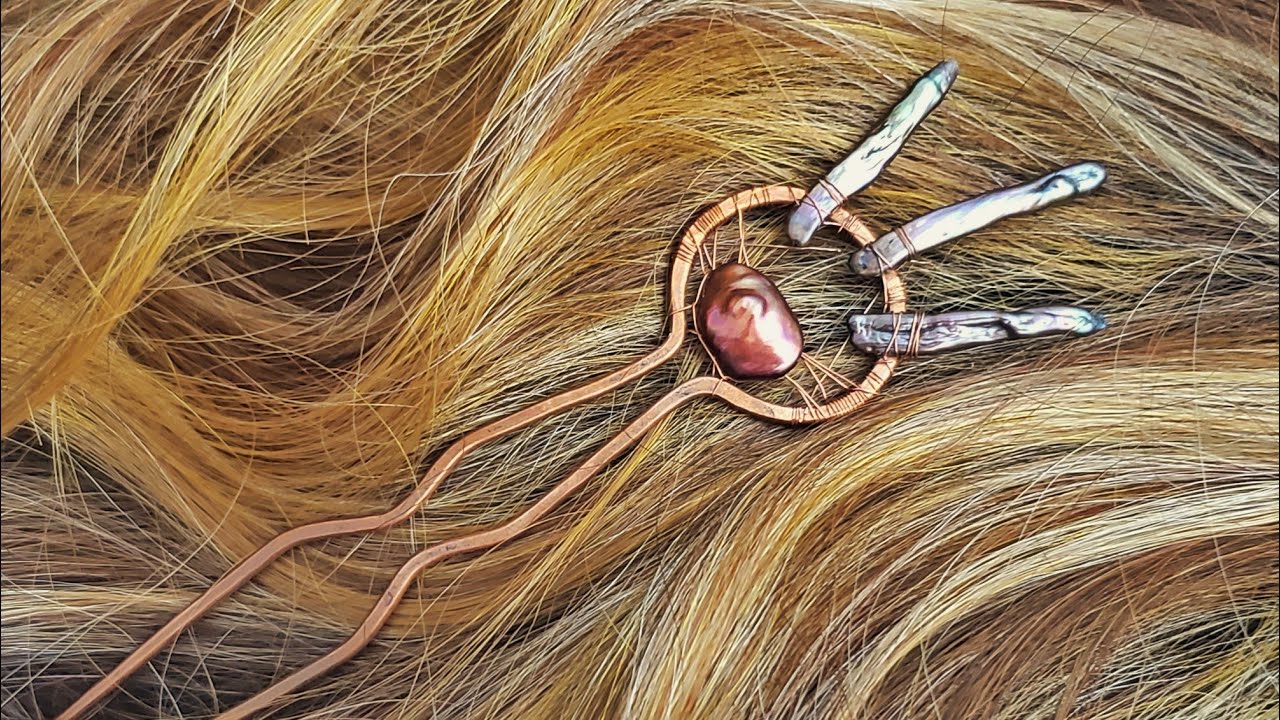 Making a Copper Wire Hair Fork with Burgundy Pearls