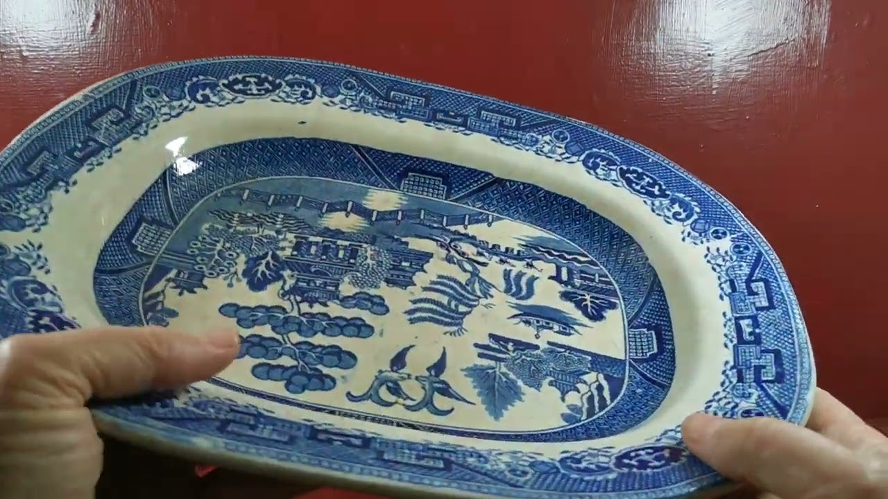 Antique Staffordshire Blue and White China Willow 13-inch Platter Dish