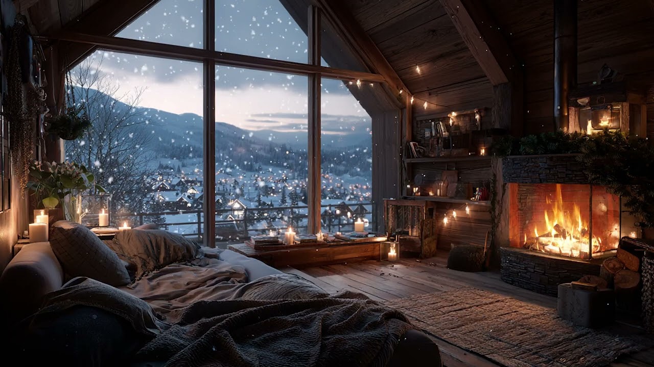 Snowstorm Cabin Night Piano Ambience | Cozy Firelight and Gentle Snow