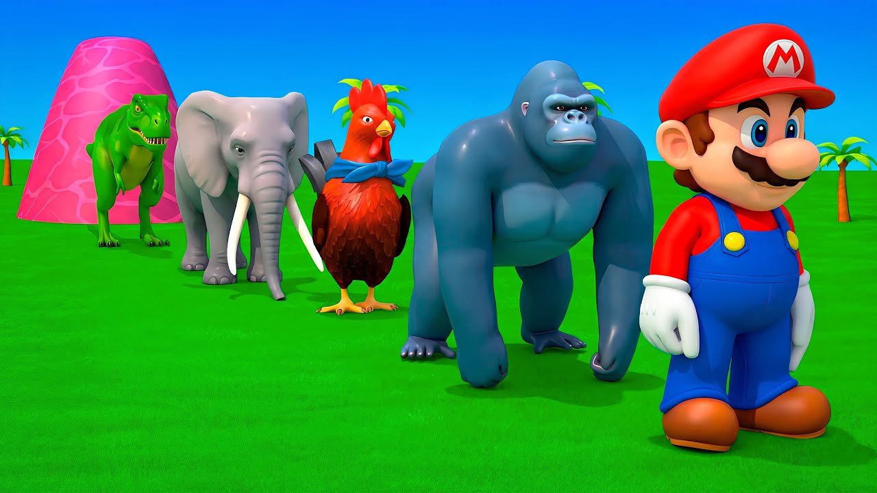 Long Slide Game With Elephant Gorilla Buffalo Hippopotamus Tiger - 3d Animal Game - Funny 3d Animals