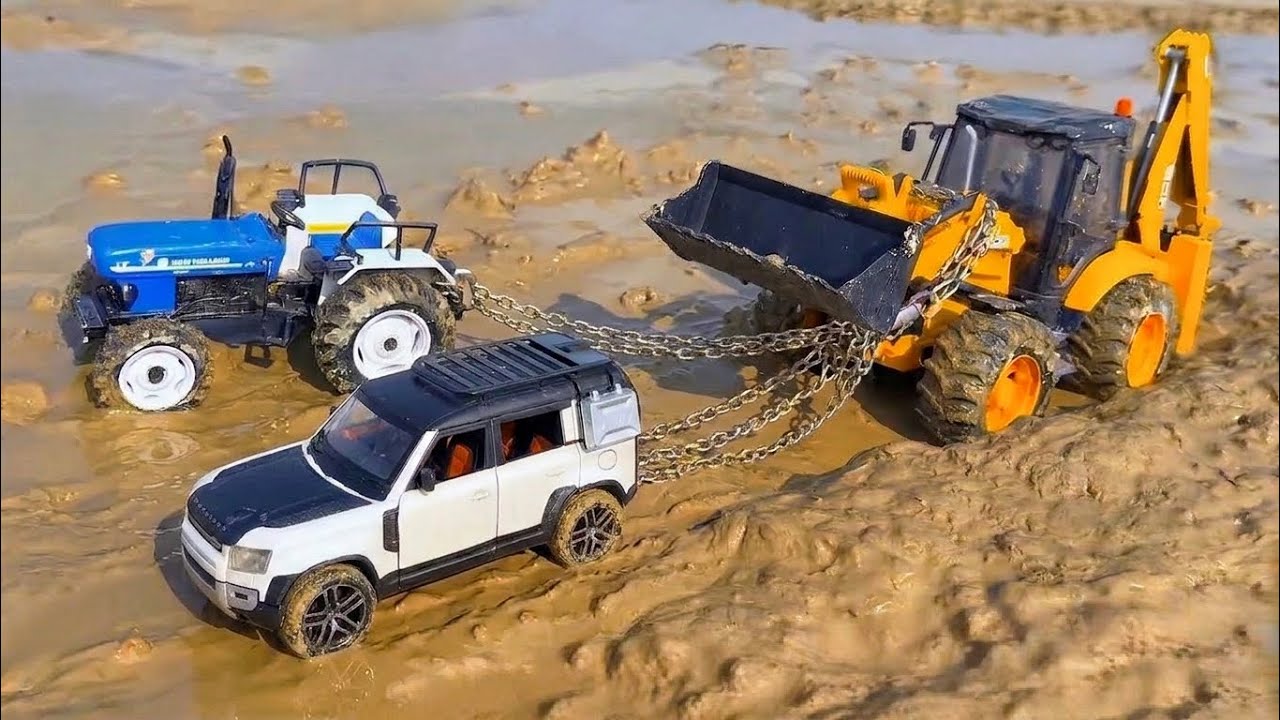 JCB 3DX Muddy Accident Pulling Out Defender Car Swaraj Tractor? Jcb Cartoon | Tractor Cartoon Video