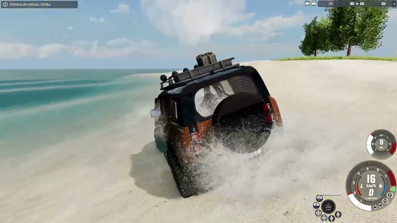 Explorando praia do mapa Sunshine Island com Land Rover Defender P400 no jogo de carro BeamNG drive