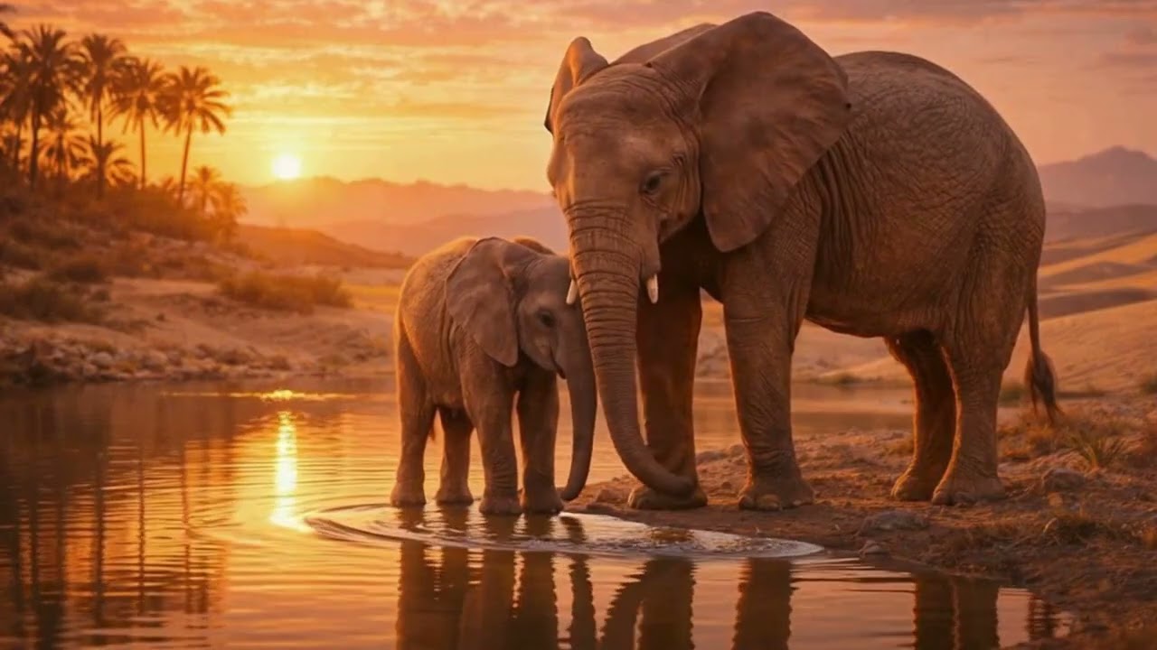Desert Serenity | Elephants at Sunset Water | Calm World Sleep & Relaxation (1 Hour)