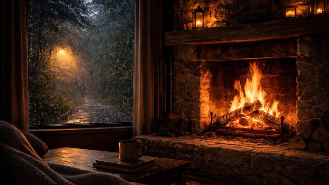 Fire Crackling & Gentle Rain | No Music | 2 Hours | Black Screen