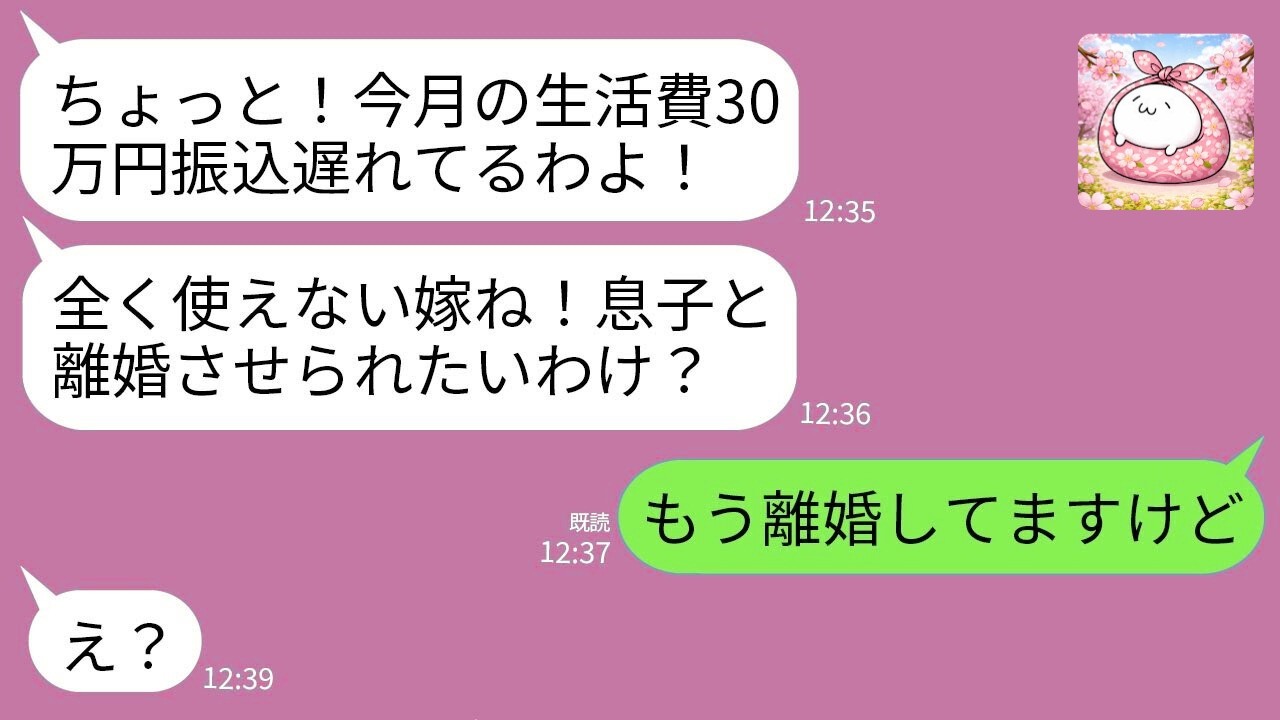 67 【LINE】義母から突然怒りの連絡「今月の生活費30万円振込遅れてるわよ！息子と離婚させるわよ！」私「もう離婚してますけど」→真実を知った義母が真っ青にwww