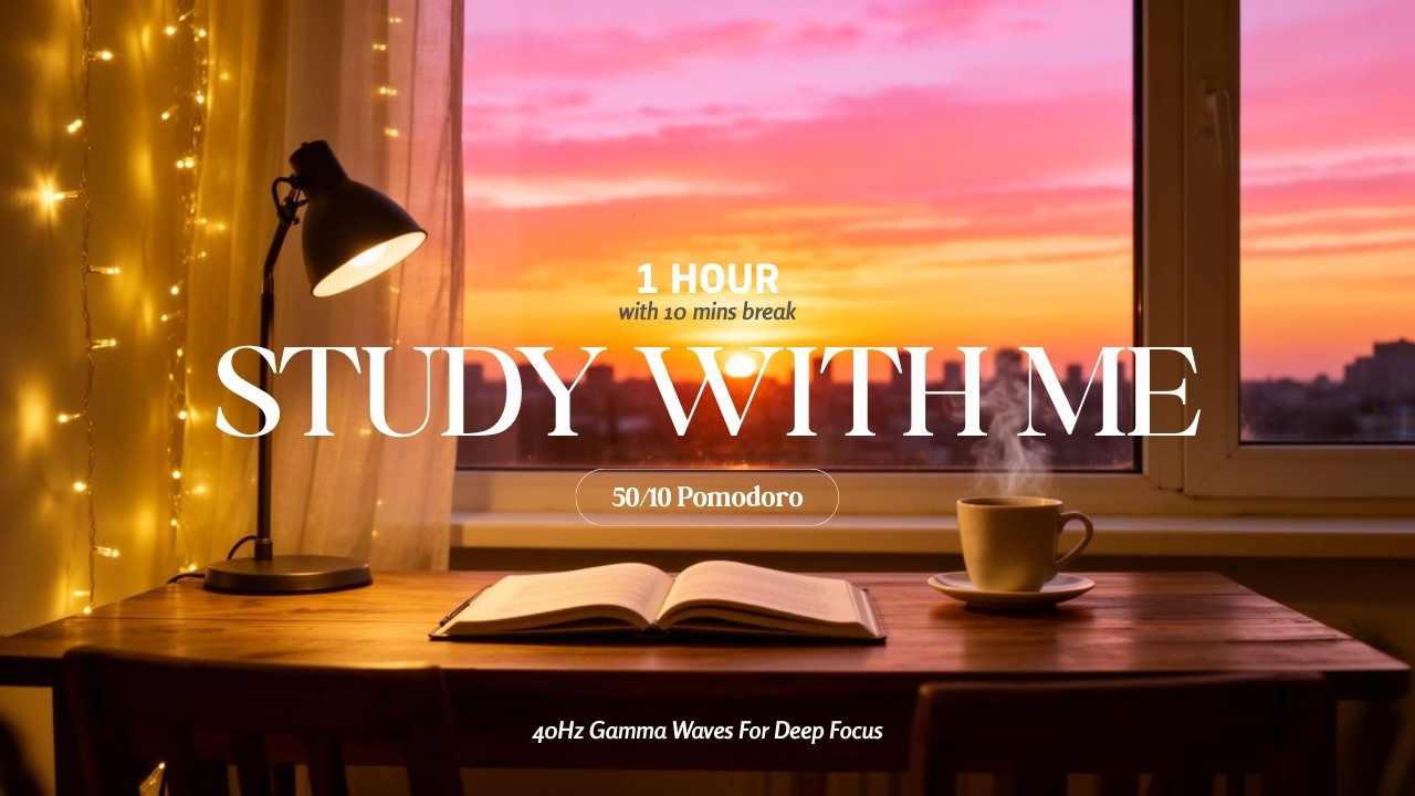 1 Hour Study With Me | Pomodoro 50/10 | 40Hz Gamma Waves For Deep Focus