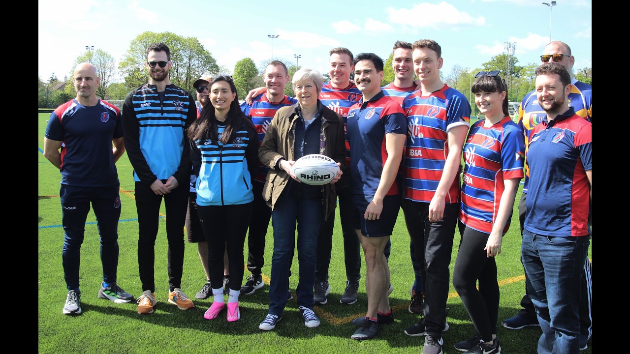 Theresa May Ex Prime Minister talks about the new 4K Football Pitch in a Sports Centre, UK