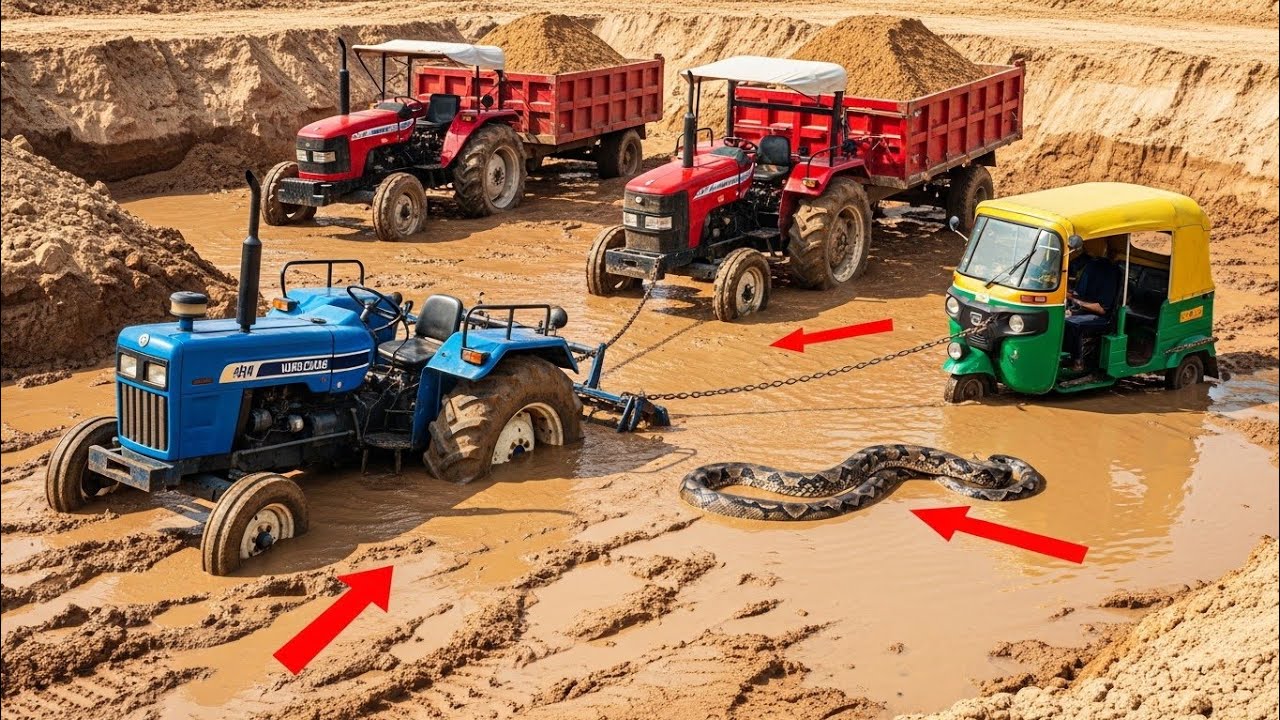 Swaraj Tractor & Auto Rickshaw Big Accide😱 Pulling Out JCB 5CX & New Holland Rescue |Tractor Cartoon