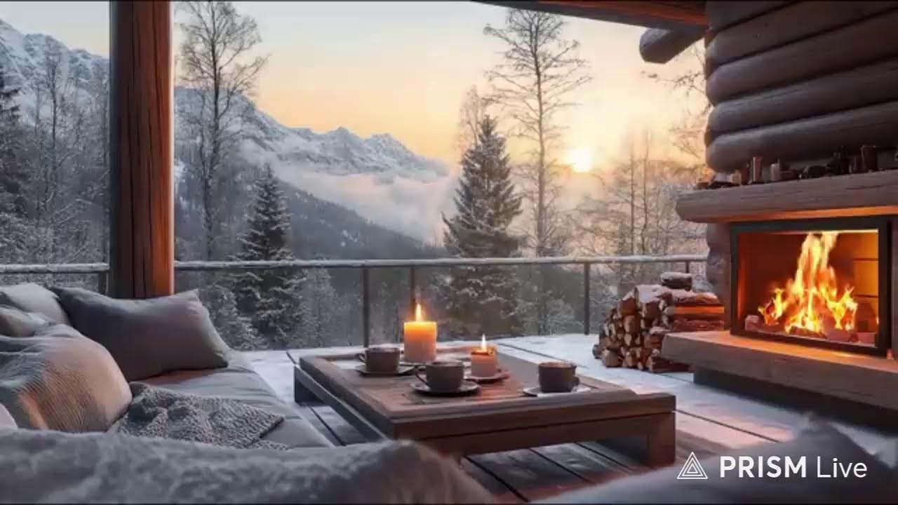 Sunset Fireplace & Snowfall Ambience 🔥❄️ Piano Music | Cozy Winter Evening Relax/Study/Sleep