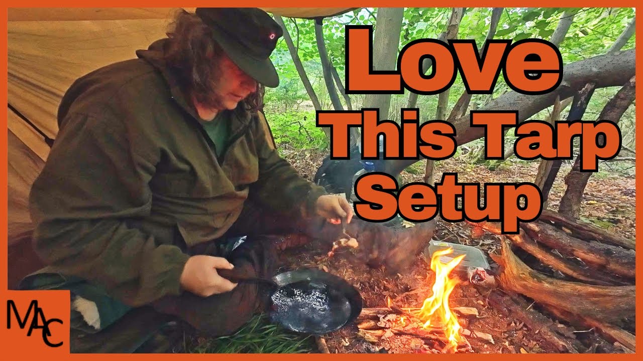 Gunyah Tarp Shelter Camp and fire with Feather Sticks