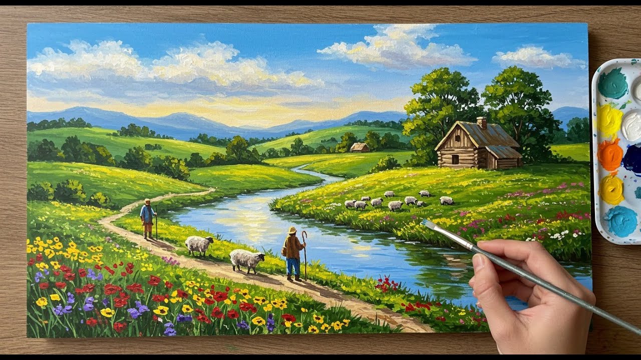 Mountain Village with River 🌄🏡 Acrylic Painting Tutorial for Beginners