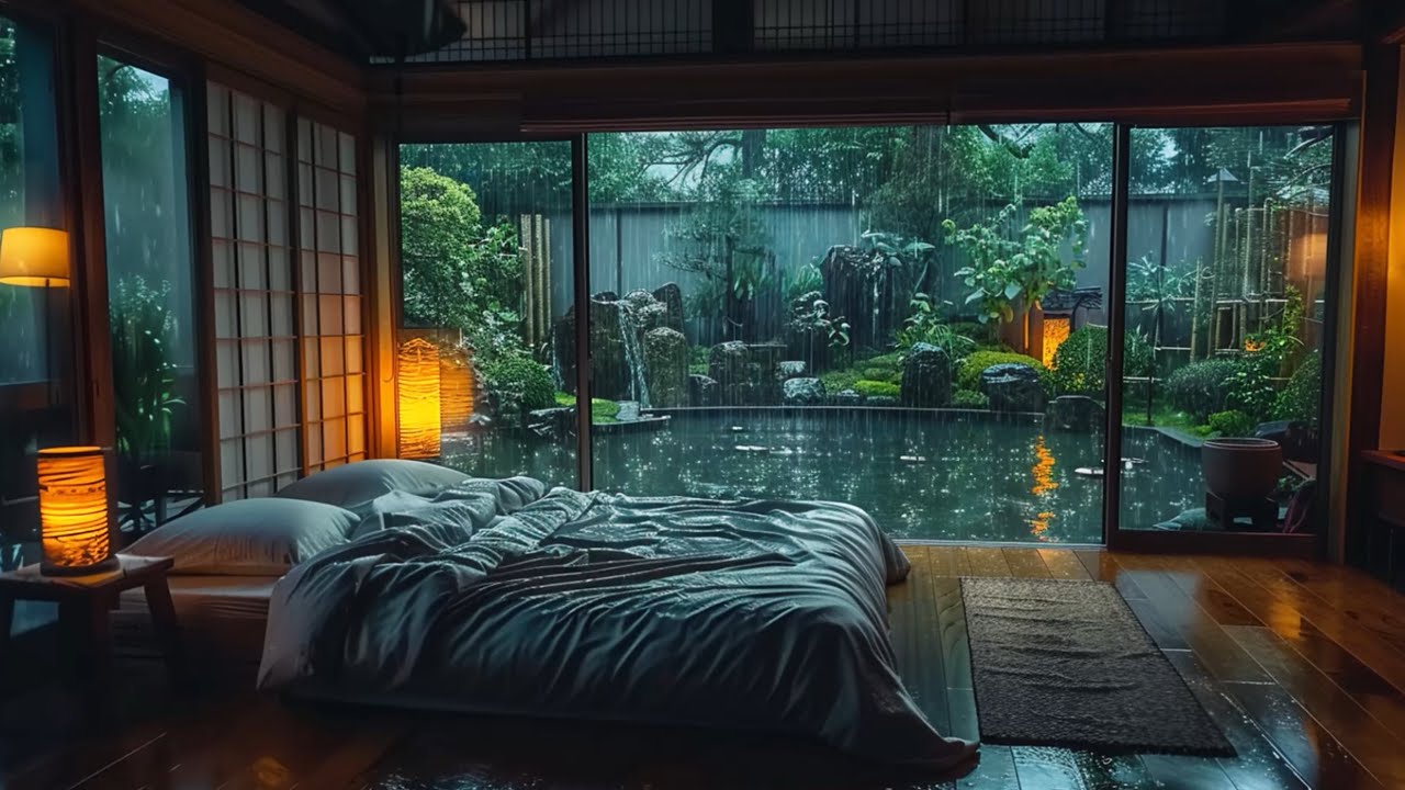 1 HOUR Cozy Rainy Japanese Bedroom Ambience 🌧️🏯 Peaceful Zen Garden View 