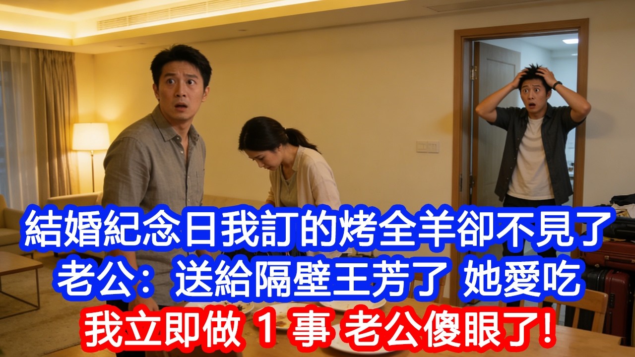 【情感故事】結婚紀念日我訂的烤全羊，下班回家桌上卻空空。老公：「送給隔壁王芳了，她愛吃」我沒鬧，連夜訂票回娘家。隔天老公傻眼了！#故事 #人生哲理 #婚姻 #出軌 #爽文