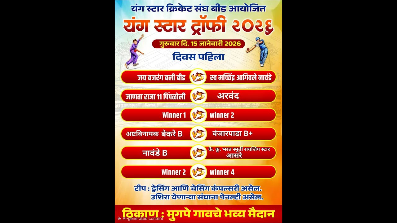 ।। यंग स्टार क्रिकेट संघ बीड आयोजित यंग स्टार ट्रॉफी २०२६  || दिवस पहिला ||