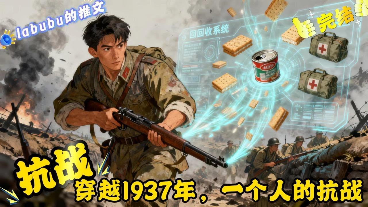 完结《抗战》高峰穿越到1937抗战年代。 幸亏有抗战回收系统，各种食品和物资应有尽有。 虽然不能兑换武器，但是各种稀奇古怪的装备不少，功能非常逆天。 理想就是：打土匪，除恶霸，杀小鬼子..#抗战#系统