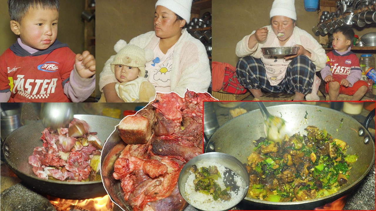 jina is cooking pork mustard mix curry in the lunch || village lunch || rural Nepal ||