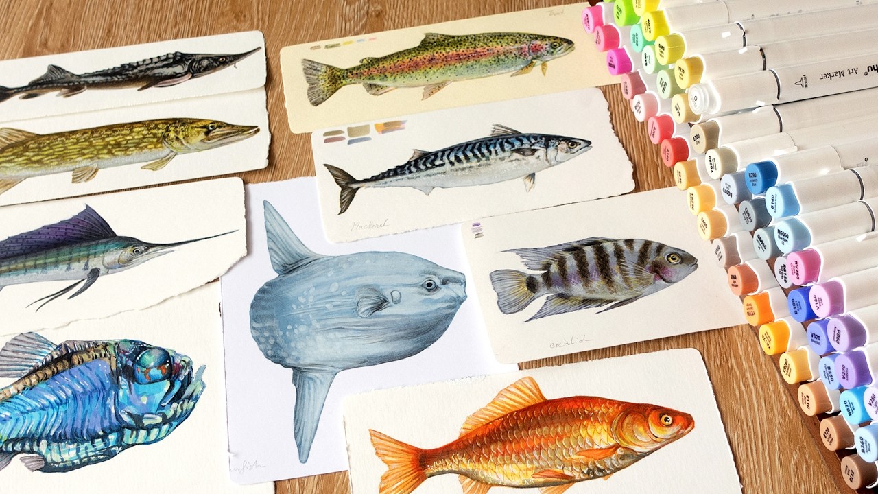 Drawing Fish with Alcohol Markers | ocean ASMR 🌊