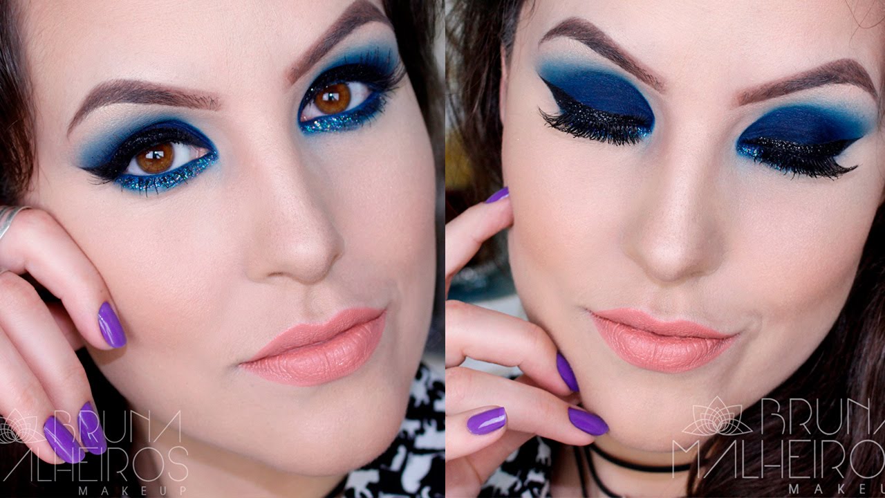 Maquiagem Azul Balada com delineado GLITERINADO