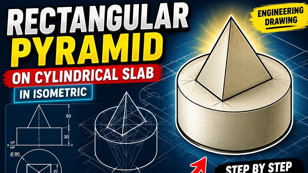 Rectangular pyramid and Cylindrical slab in Isometric projection in sketch Engineering Graphics