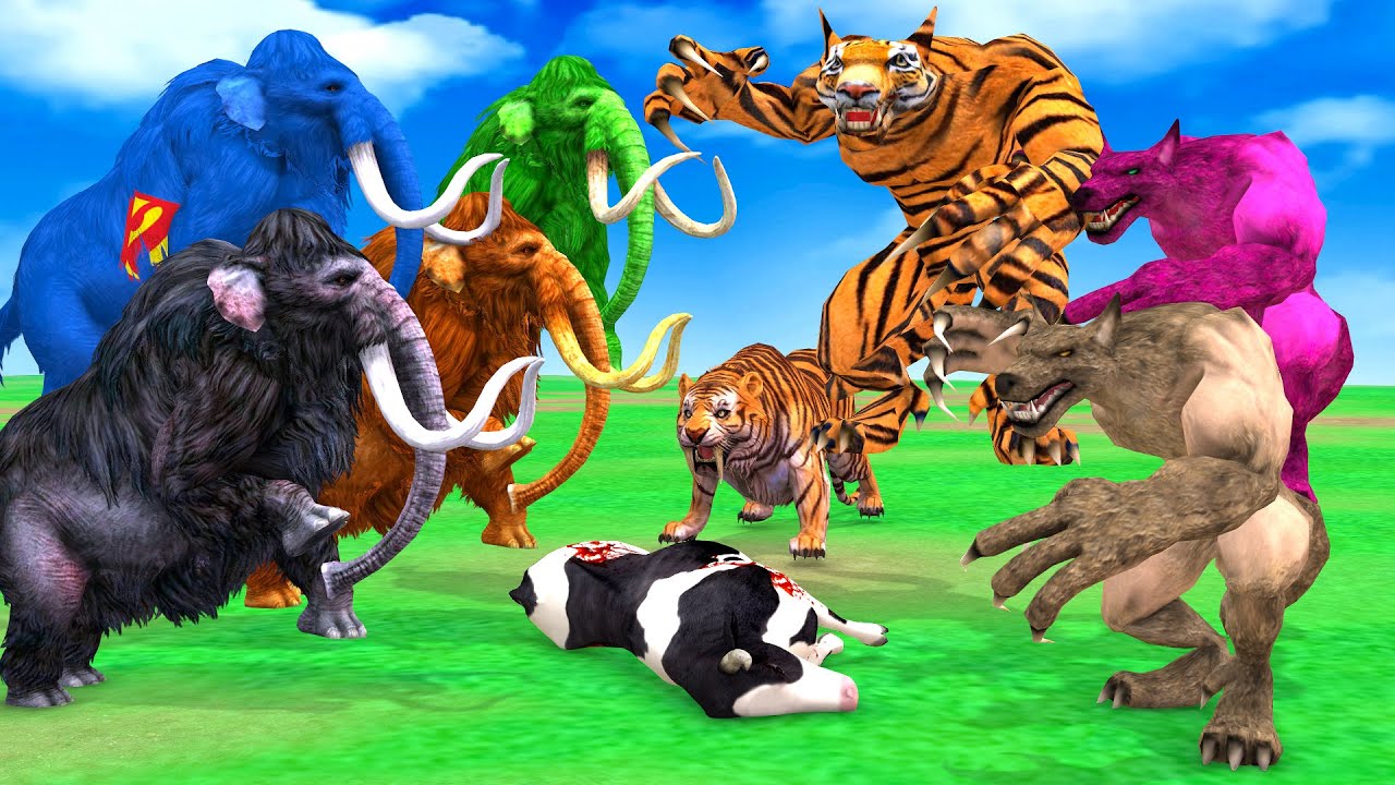 Zombie Tiger Wolfs Attacks Animals, Cow, Elepahnt Saved By Mammoth Elephant Animals Revolt Battle