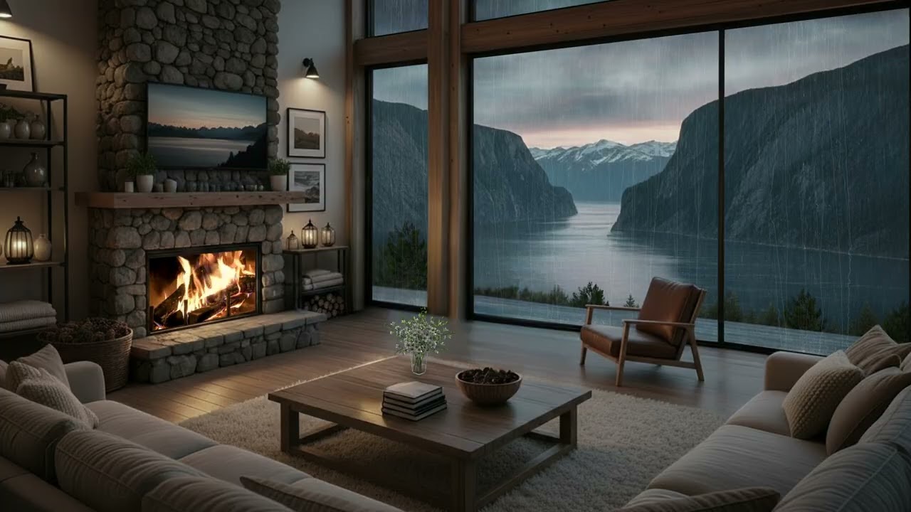Cozy Lakeside Mountain Fjord Cabin Fireplace🔥Calm Evening Ambience & Nature Sounds For Healing Sleep
