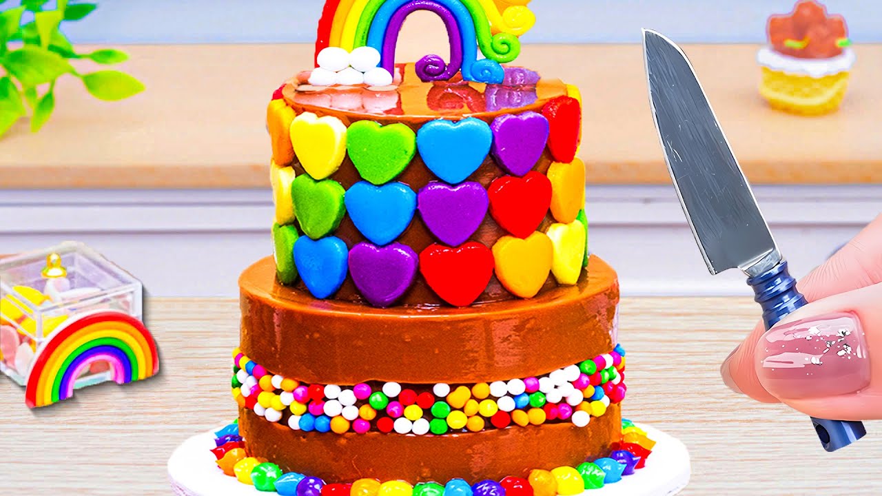 Miniature Rainbow Buttercream Cake Decorating 🌈 How To Make 2 Tier Rainbow Chocolate Cake