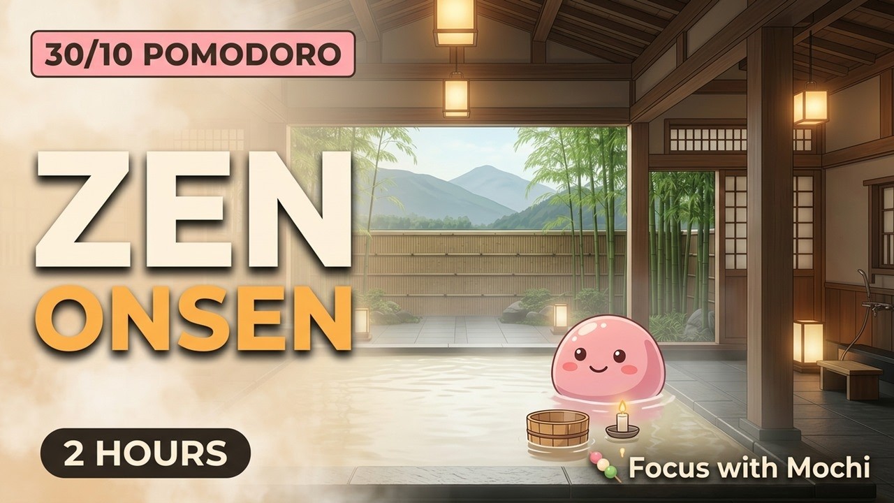 2 Hour Zen Study | 30/10 Pomodoro Timer | Onsen Ambience with Japanese Music | Focus with Mochi