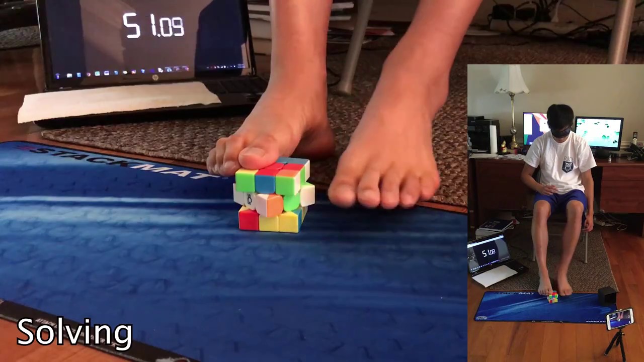 Solving a Rubik's Cube Blindfolded With Feet in 2:43.79 [Unofficial World Record]