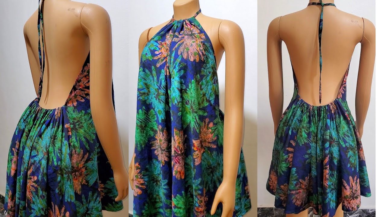 How To Cut And Sew A Backless Halter Neck Dress || How To Make A Simple Dress.