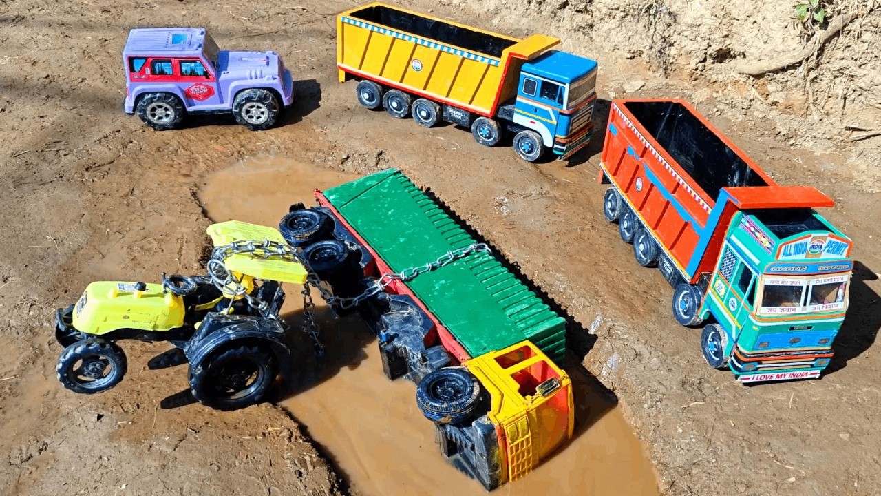 TATA Prima Cargo Truck Mud Water Accident Pulling Out By Powerful John Deere Tractor | Cartoon Video