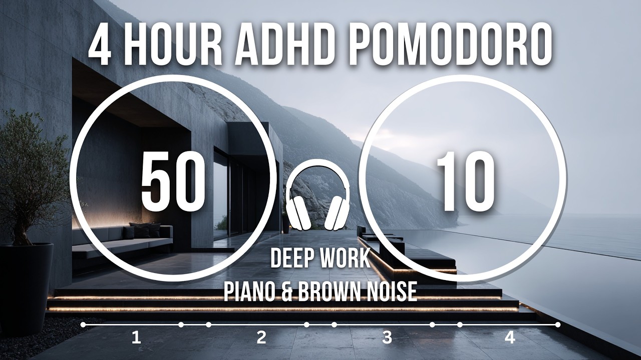 Pomodoro ADHD Focus | 50 / 10 Intervals | 4 Hour Smooth Piano & Brown Noise