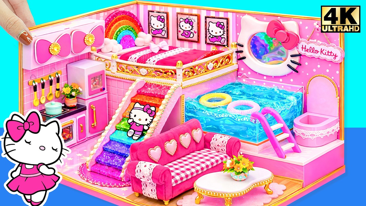 Build Elegant Hello Kitty Pink Pool House with Rainbow Slide & Luxury Bedroom ❤️ DIY Miniature House