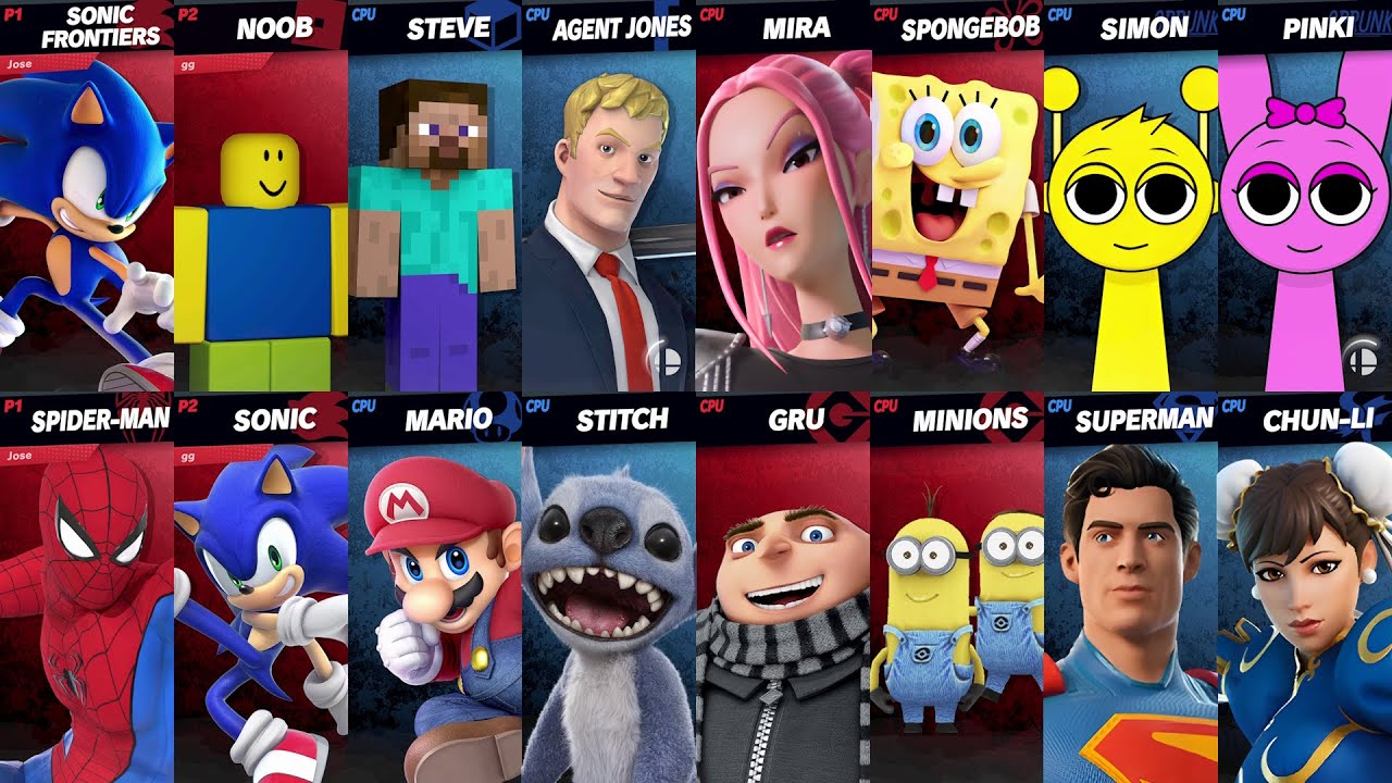 Sonic vs Mario vs Spiderman vs Mira vs Roblox vs Minecraft vs Fortnite | Super Smash Bros Ultimate