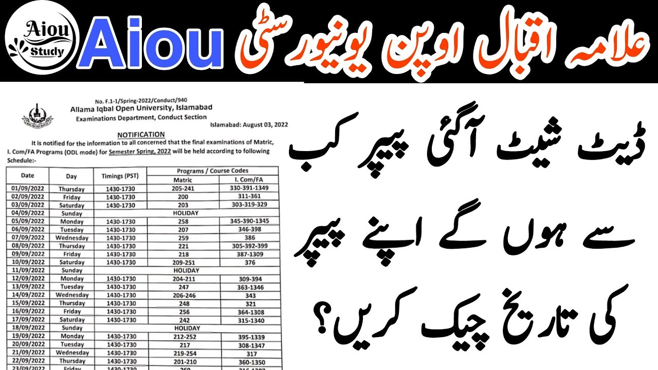 aiou datesheet||aiou matric fa date sheet||Date Sheet Semester Spring 2022 Matric, FA/I.Com||aiou