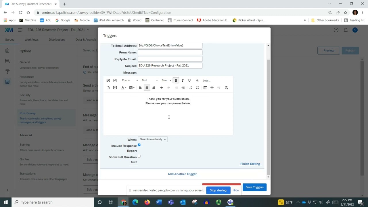 Setting up an email trigger in Qualtrics