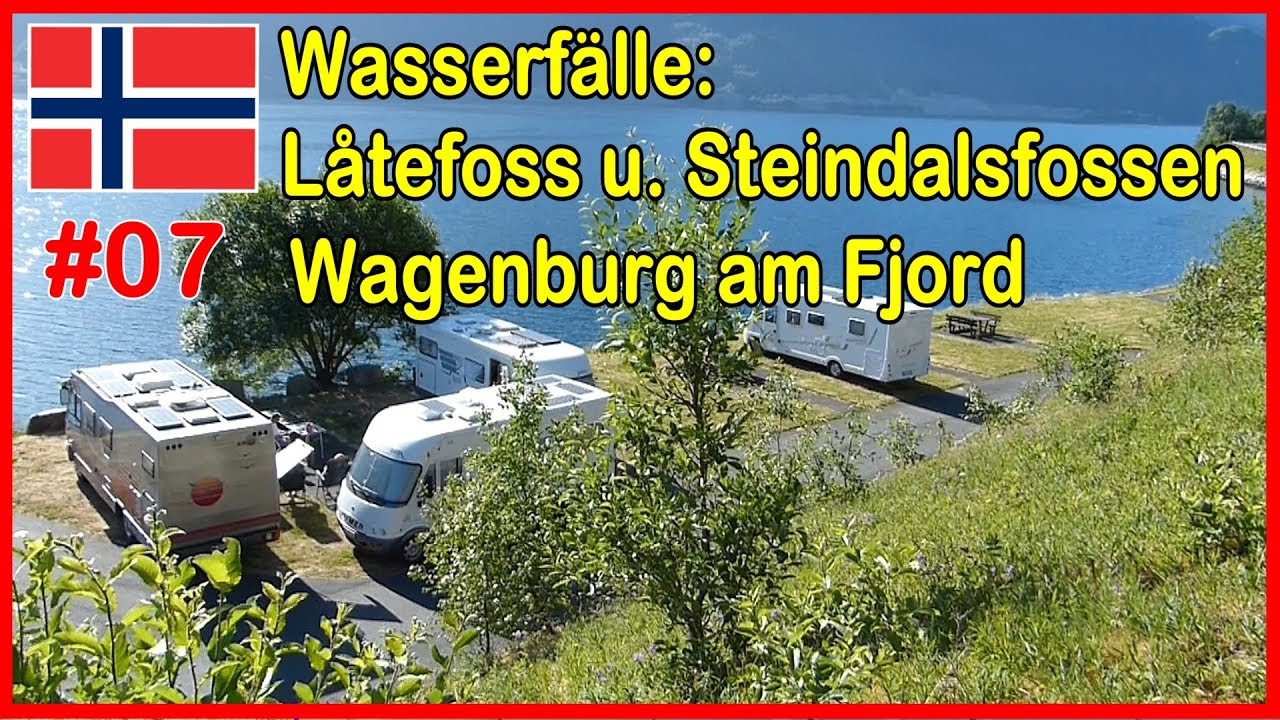 Norwegen Wohnmobil: Zwillings-Wasserfall Låtefossen, Wagenburg am Fjord, Wasserfall Steinsdalsfossen