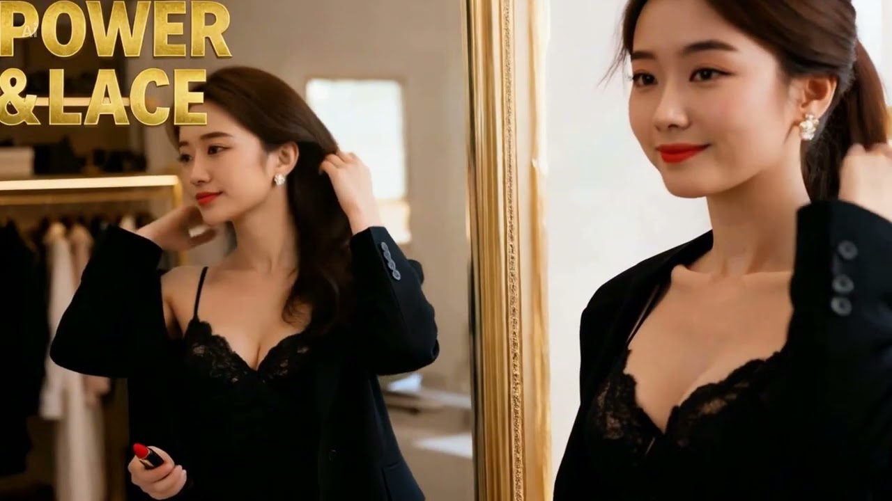 Power & Lace | Sexy Monday Morning | 거울 앞의 도발, 블랙 블레이저와 실크 캐미솔 | Tokyo Vibe Station