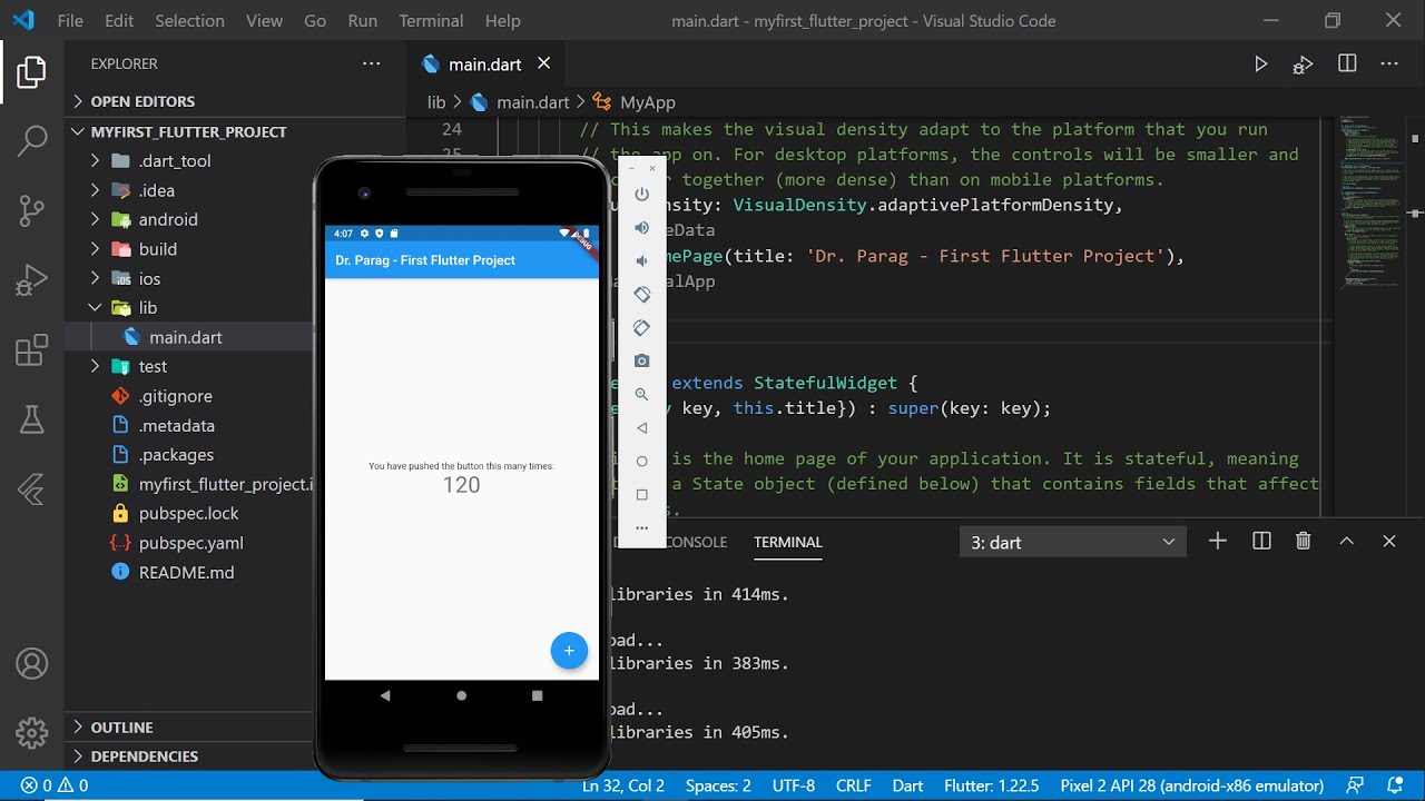 Создание, редактирование и тестирование первого проекта Flutter с помощью Visual Studio Code — де...