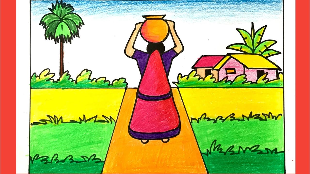 How to Draw A Village Scenery Easy || Village Scenery Drawing 