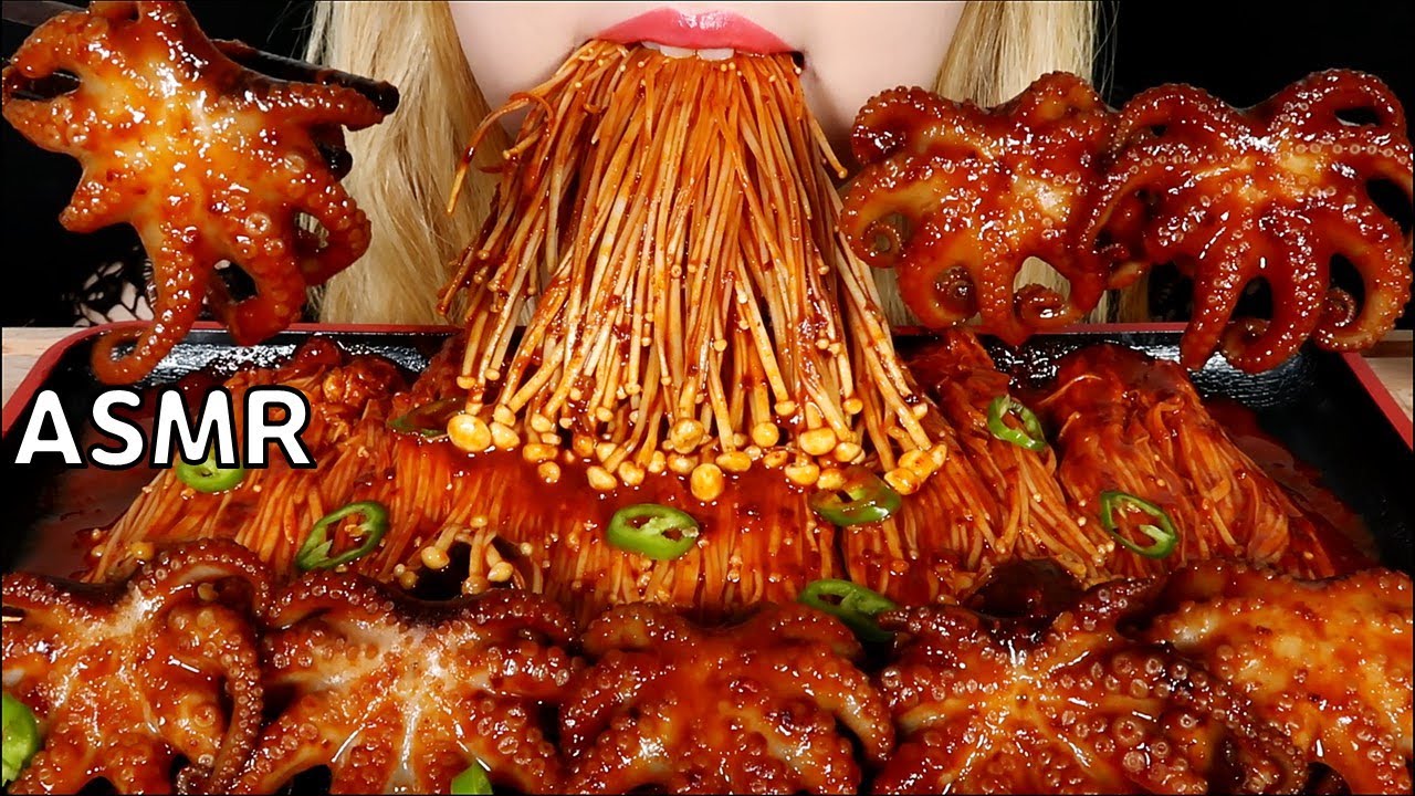 ASMR SPICY ENOKI MUSHROOM + BABY OCTOPUS MUKBANG EATING SOUNDS
