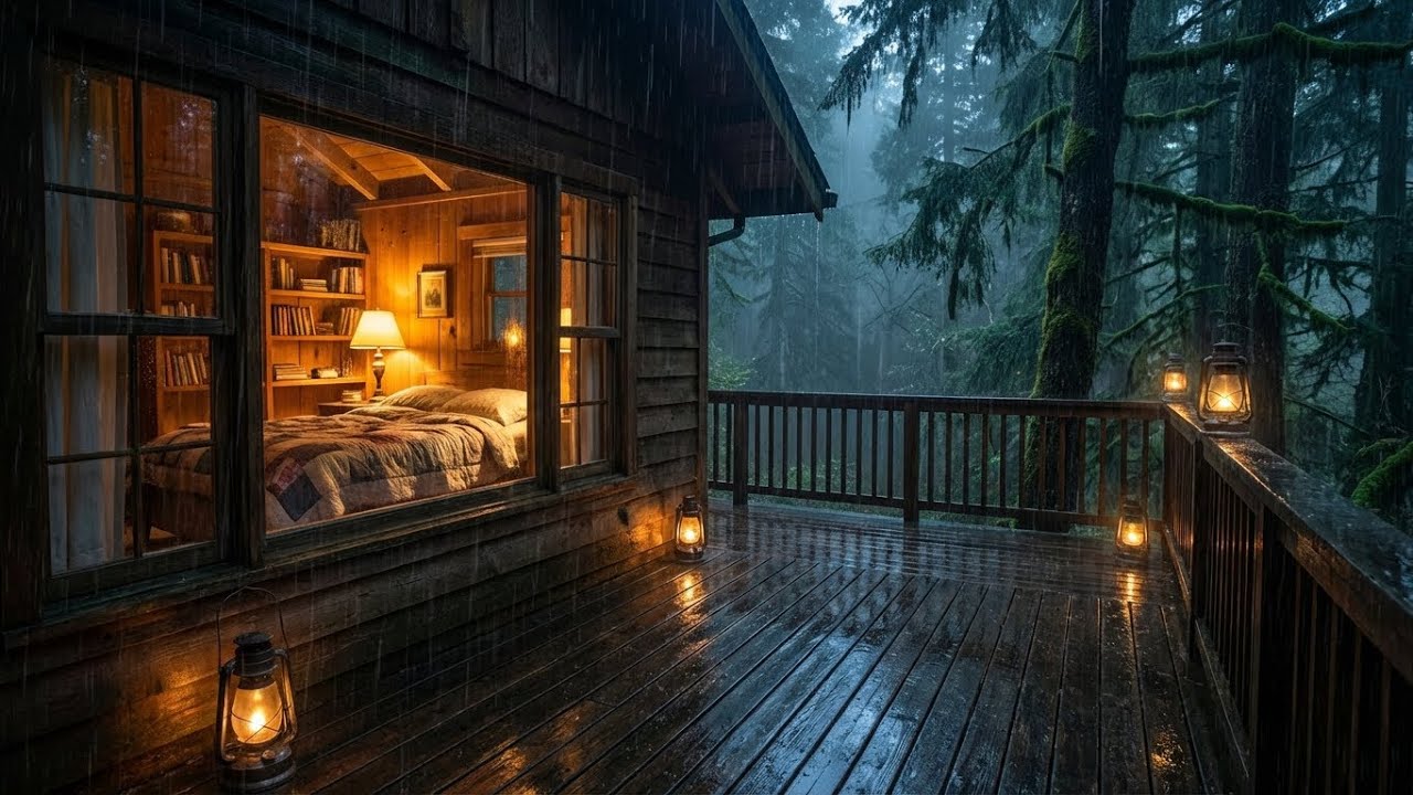 Serene Rain Ambience — звуки дождя для сна в теплой хижине с светом камина 🌧️🔥